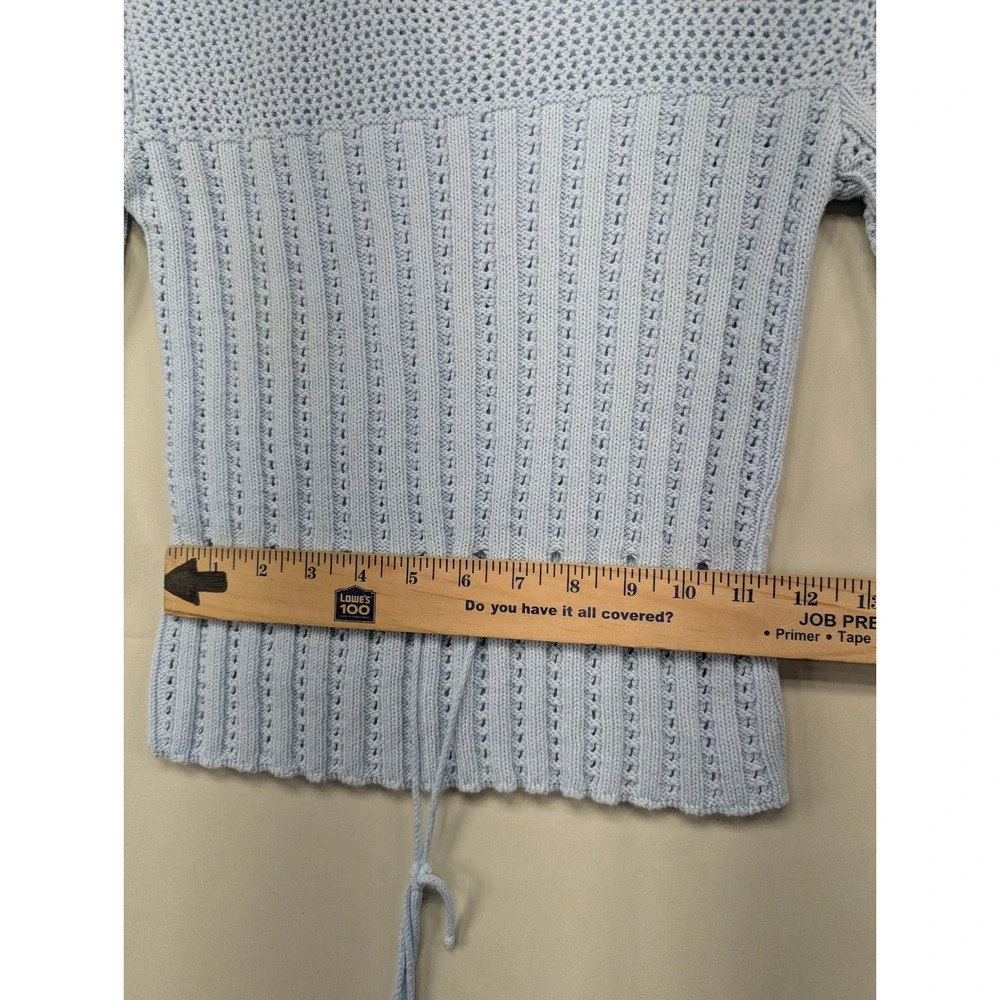 Retango Knit Sweater Blue Medium Drawstring Tie Bell Sleeve Cropped‎ Cotton